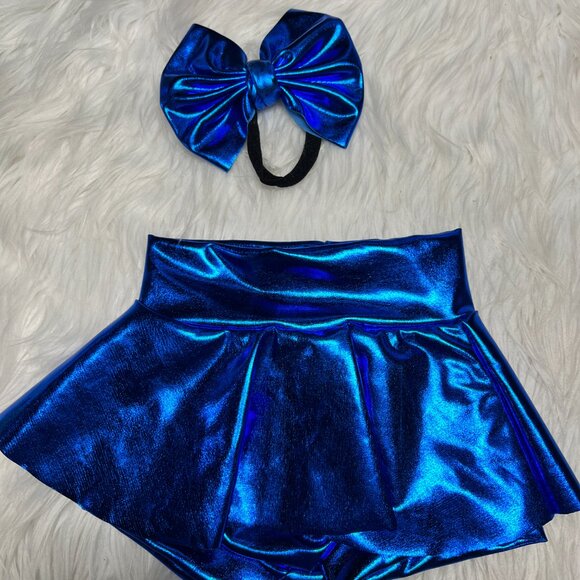 Metallic blue skirted Bummy and bow 3-6 royal blue girl set - Picture 3 of 5